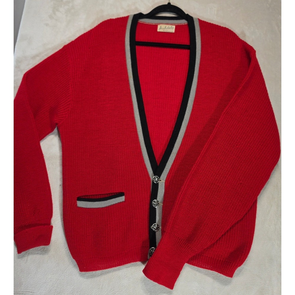 Vintage Archdale Red 100% Virgin‎ Wool Cardigan Sweater Lion Buttons Mens Large